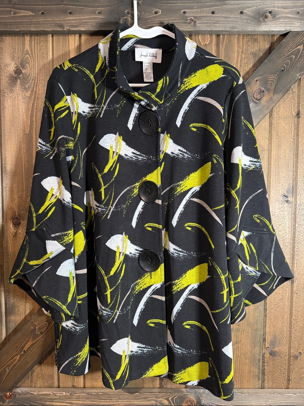 Joseph Ribkoff Black Coat with Lime and White Brushstroke Print